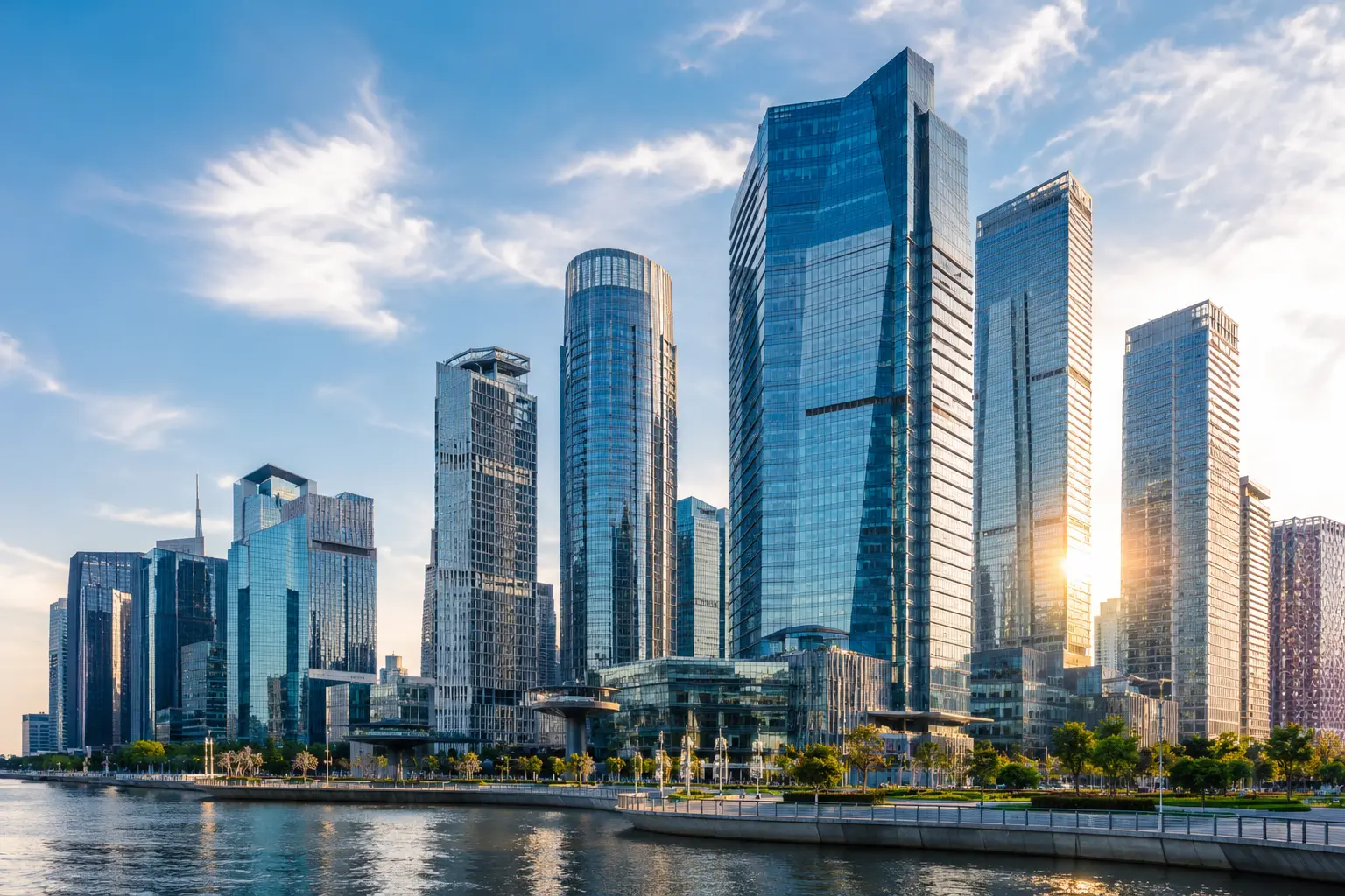 Modern international business district representing global trade and commercial partnerships