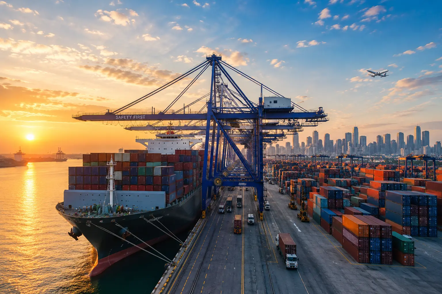 Modern international container terminal with cargo ships and logistics infrastructure